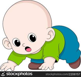 illustration of kids activity image, a cute bald baby boy is practicing crawling, cartoon flat illustration