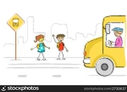illustration of kids at bus stop waiting for school bus