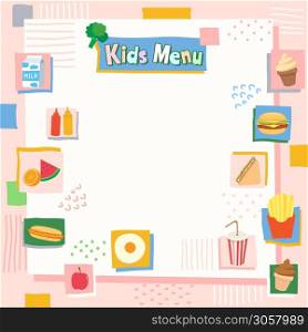 Illustration of Kids menu design with food drink and dessert.