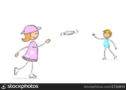 illustration of kids playing frisbee on an isolated background
