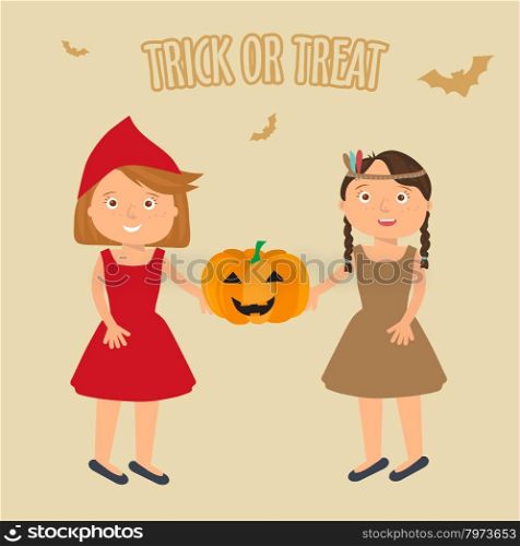 Illustration of Kids Trick or Treating. Vector Illustration of cute little girls portraits in halloween costume. Little Red Riding Hood and Pocahontas holding halloween pumpkin in theire hands. Halloween trick or treat illustration.