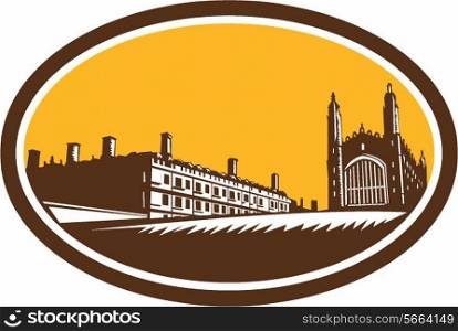 Illustration of King&rsquo;s College of the University of Cambridge in Cambridge, England also formally named The King&rsquo;s College of Our Lady and Saint Nicholas, as viewed from the River Cam set inside oval done in retro woodcut style.