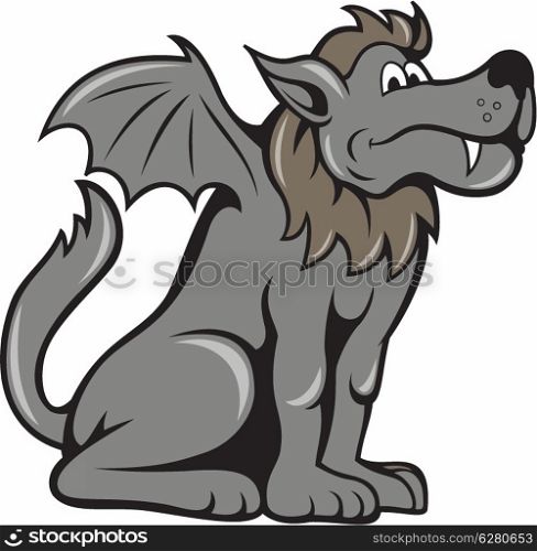 Illustration of kludde a Belgian mythical beast that is a wild dog wolf with wings of a bat done in cartoon style.