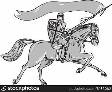 Illustration of knight horseback in full armor holding lance, shield and flag riding horse viewed from the side on isolated white background done in retro style.