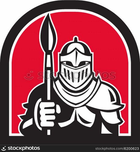 Illustration of knight in full armor holding paint brush viewed from front set inside half circle on isolated background done in retro style. . Knight Full Armor Holding Paint Brush Half Circle Retro