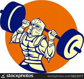 Illustration of knight in full armor lifting barbell looking up set inside circle done in retro style on isolated background.. Black Knight Lifting Barbell Circle Retro