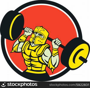 Illustration of knight in full armor lifting barbell looking up set inside circle viewed from front done in retro style on isolated background. . Knight Lifting Barbell Circle Retro