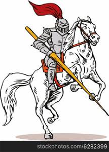 Illustration of knight in full armor on a horse brandishing a sword done in retro style.