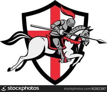 Illustration of knight in full armor riding a horse armed with lance and England English flag in background done in retro style.
