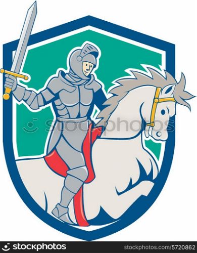 Illustration of knight in full armor riding horse steed with sword facing side set inside shield crest on isolated background done in cartoon style.. Knight Riding Horse Sword Cartoon