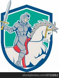 Illustration of knight in full armor riding horse steed with sword facing side set inside shield crest on isolated background done in cartoon style.. Knight Riding Horse Sword Cartoon