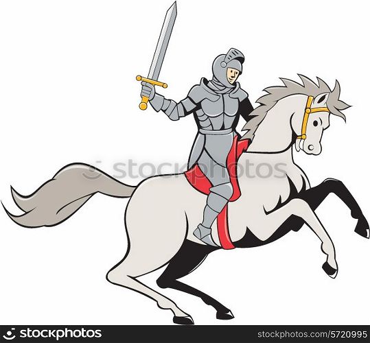 Illustration of knight in full armor riding horse steed with sword facing side set on isolated white background done in cartoon style.. Knight Riding Horse Sword Cartoon
