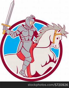 Illustration of knight in full armor riding horse steed with sword set inside circle on isolated background done in cartoon style.. Knight Riding Horse Sword Circle Cartoon