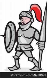 Illustration of knight in full armor with lance and shield facing front standing on isolated white background done in cartoon style.. Knight Shield Holding Lance Cartoon