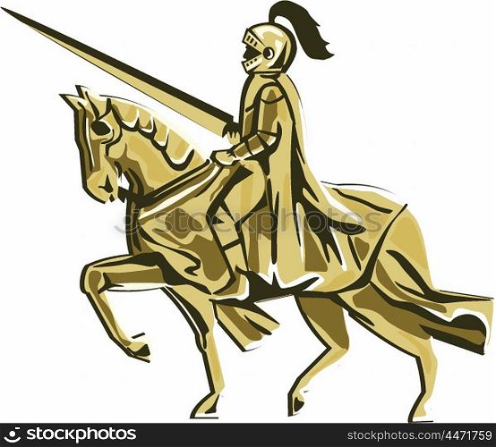 Illustration of knight in full armor with lance riding horse steed viewed from the side set on isolated white background done in retro style. . Knight Riding Steed Lance Isolated Retro