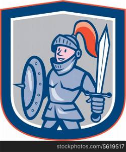 Illustration of knight in full armor with sword and shield facing side set inside shield crest on isolated background done in cartoon style.. Knight Shield Sword Shield Cartoon