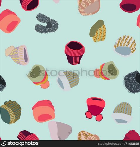 Illustration of knitted beanies in seamless pattern on blue background. Web, wrapping paper, textile, wallpaper design, background fill.. Illustration of knitted beanies in seamless pattern on blue background