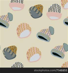 Illustration of knitted beanies seamless pattern on beige background Web, wrapping paper, textile, wallpaper design, background fill.. Illustration of knitted beanies seamless pattern on beige background