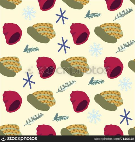 Illustration of knitted beanies with pine tree twigs seamless pattern on beige background. Web, wrapping paper, textile, wallpaper design, background fill.. Illustration of knitted beanies with pine tree twigs seamless pattern on beige background