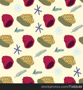Illustration of knitted beanies with pine tree twigs seamless pattern on beige background. Web, wrapping paper, textile, wallpaper design, background fill.. Illustration of knitted beanies with pine tree twigs seamless pattern on beige background