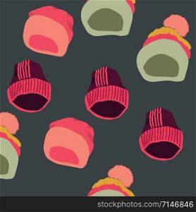 Illustration of knitted hats, beanies in seamless pattern on grey background. Web, wrapping paper, textile, wallpaper design, background fill.. Illustration of knitted hats, beanies in seamless pattern on grey background
