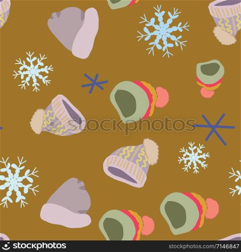 Illustration of knitted hats, beanies with snowflakes in seamless pattern on mustard background. Web, wrapping paper, textile, wallpaper design, background fill.. Illustration of knitted hats, beanies in seamless pattern on mustard background