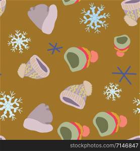 Illustration of knitted hats, beanies with snowflakes in seamless pattern on mustard background. Web, wrapping paper, textile, wallpaper design, background fill.. Illustration of knitted hats, beanies in seamless pattern on mustard background