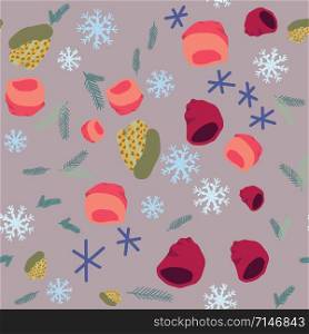 Illustration of knitted hats with snowflakes and pine tree twigs seamless pattern on purple background. Web, wrapping paper, textile, wallpaper design, background fill.. Illustration of knitted hats with snowflakes and pine tree twigs seamless pattern on purple background