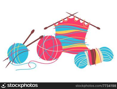 Illustration of knitting. Handicraft and hand made. Feminine creativity hobby and shopping facilities.. Illustration of knitting. Handicraft and hand made. Feminine creativity hobby and shopping.