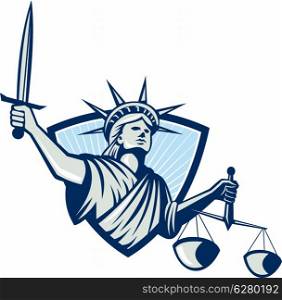 Illustration of lady statue of liberty facing front holding weighing scales of justice and sword set inside crest shield on isolated white background.. Statue of Liberty Holding Scales Justice Sword