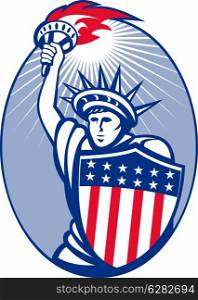 illustration of lady statue of liberty with torch and shield set inside oval.. statue of liberty with torch and shield