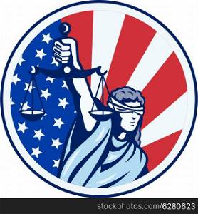 Illustration of lady with blindfold holding scales of justice with American stars and stripes flag set inside circle done in retro style.