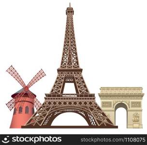 illustration of landmarks in paris, Moulin rouge, Triumphal arc and eiffel tower. landmarks in paris