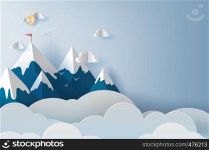 illustration of Landscape and cloud mountains and birds on blue sky.Creative design Paper cut and craft style of business teamwork targeted mountain concept idea.scene your text space pastel.vector