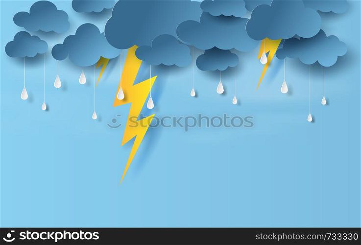 illustration of landscape view with black cloud and yellow lighting on blue sky.Rainy season in sea with storm lightning,Creative design paper art and craft style. vector poster,web-site with print