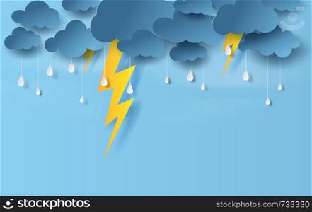 illustration of landscape view with black cloud and yellow lighting on blue sky.Rainy season in sea with storm lightning,Creative design paper art and craft style. vector poster,web-site with print
