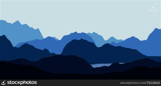 Illustration of landscape with blue silhouettes of hills, mountains and lake - vector. Landscape with blue silhouettes of hills, mountains and lake
