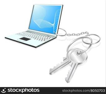 Illustration of laptop computer attached to keys as a keyring. Access to computers, learning, internet security etc. concept