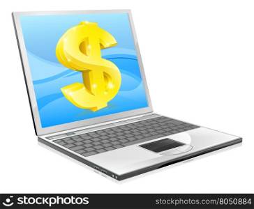 Illustration of laptop computer with dollar coming out of screen. Concept for home working or making money online or coupons, affiliate earning etc.