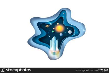illustration of launch rocket Startup fast concept for Solar system abstract curve circle.business Startup project concept.Creative design Paper cut and craft idea rocket flying in space galaxy.vector