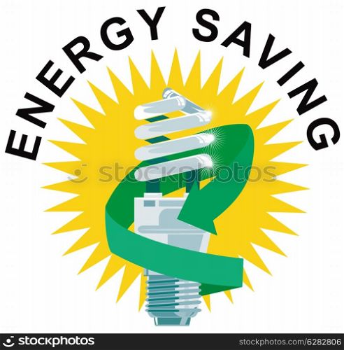 Illustration of lightbulb Energy Saving label done in retro style. . Energy Saving Label Lightbulb