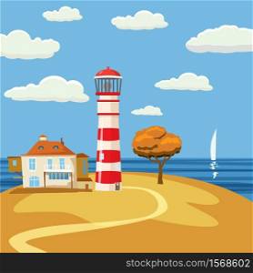 Illustration of lighthouse on rocky coast. Landscape with ocean, palm trees and rocks. Travel background.. Lighthouse on rocky coast, house. Landscape with ocean, trees and rocks. Travel background. Illustration, vector, isolated