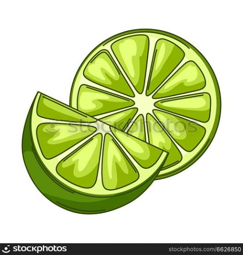 Illustration of limes whole and slices. Green stylized citrus fruits.. Illustration of limes whole and slices.