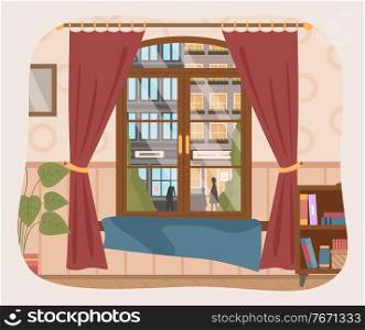 Illustration of living room, furniture, window with curtains with a view of the tall buildings. Big window and cities landcape look. View outside the window of the apartment on big city constructions. Illustration of living room, furniture, window with curtains with a view of the tall buildings