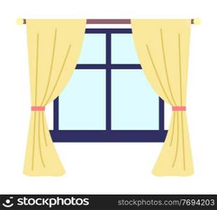 Illustration of living room window with yellow curtains and dark blue window frame and windowsill vector illustration. Inside view of the interior apartment with daylight , curtains hang on a cornice. Illustration of living room window with yellow curtains and dark blue window frame and windowsill