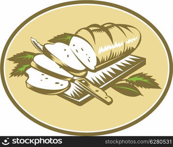 Illustration of loaf of bread sliced on chopping board with knife and leaves done in retro woodcut style.