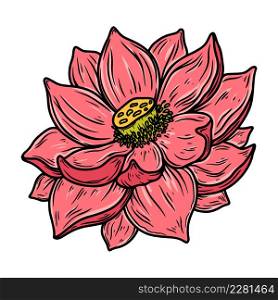 Illustration of lotus flower in engraving style. Design element for emblem, sign, poster, card, banner, flyer. Vector illustration