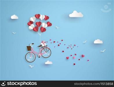 Illustration of love and valentine day, balloon heart shape hang the pink bicycle float on the sky.paper art style.