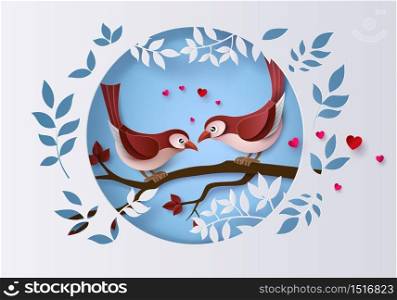 Illustration of Love and Valentine Day, love Birds perched on a branch of a tree in circle frame, paper art and craft style.