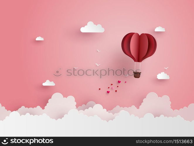 illustration of love and valentine day,Origami made hot air balloon flying on the sky with heart float on the sky.paper art style.